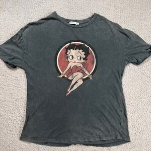 Stradivarius Zara Betty Boop Graphic Tee Faded Charcoal Gray Vintage Style Small